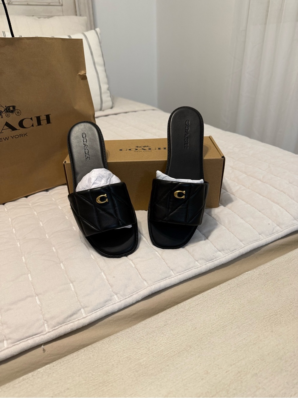 Coach Black Quilted Leather Slide Sandals with Gold C